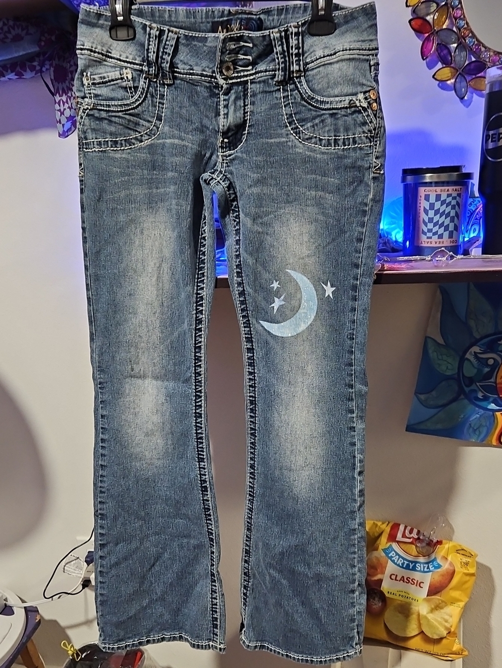 Angels Blue Denim Flare Jeans with Moon & Stars Graphic